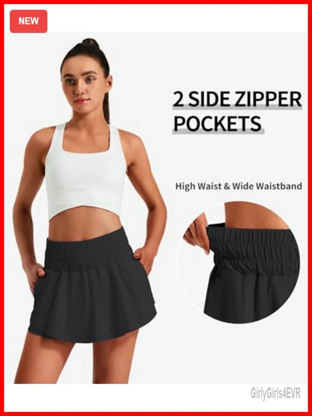Women's Tennis Skort with 2 Zipper Pockets, High-Waisted Ruffle Skirt Overlay
